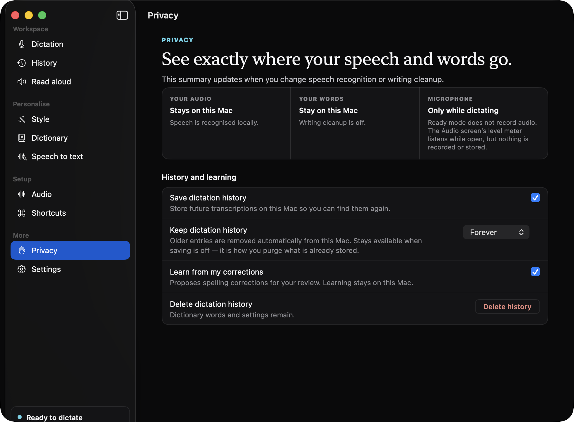Zansay's Privacy screen: 'See exactly where your speech and words go' with live readouts (Your audio: stays on this Mac; Your words: stay on this Mac; Microphone: only while dictating), plus history retention and delete controls.