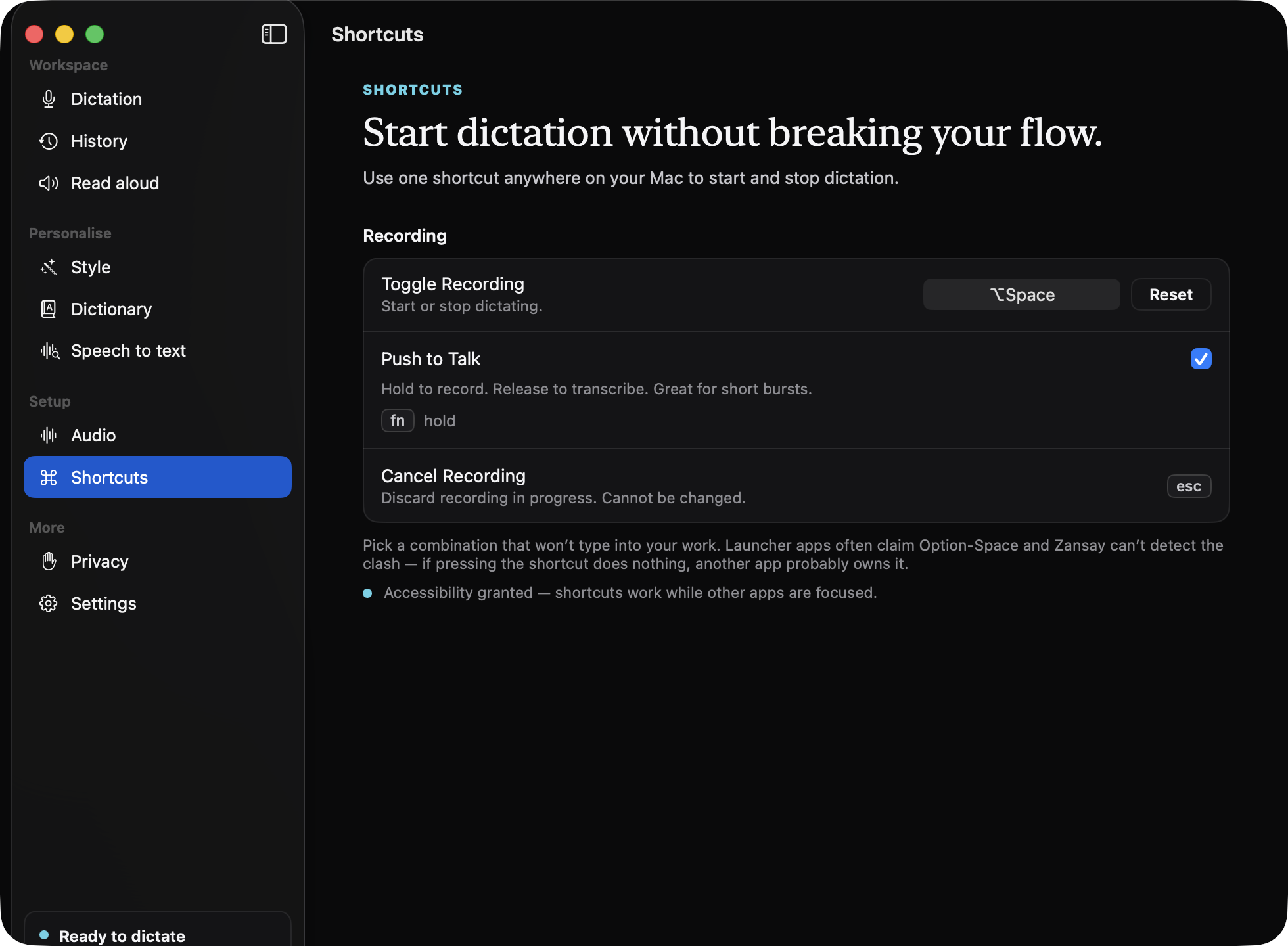 Zansay's Shortcuts screen: Toggle Recording on Option-Space, Push to Talk on held fn, Cancel on Escape, with a note that Accessibility is granted so shortcuts work while other apps are focused.