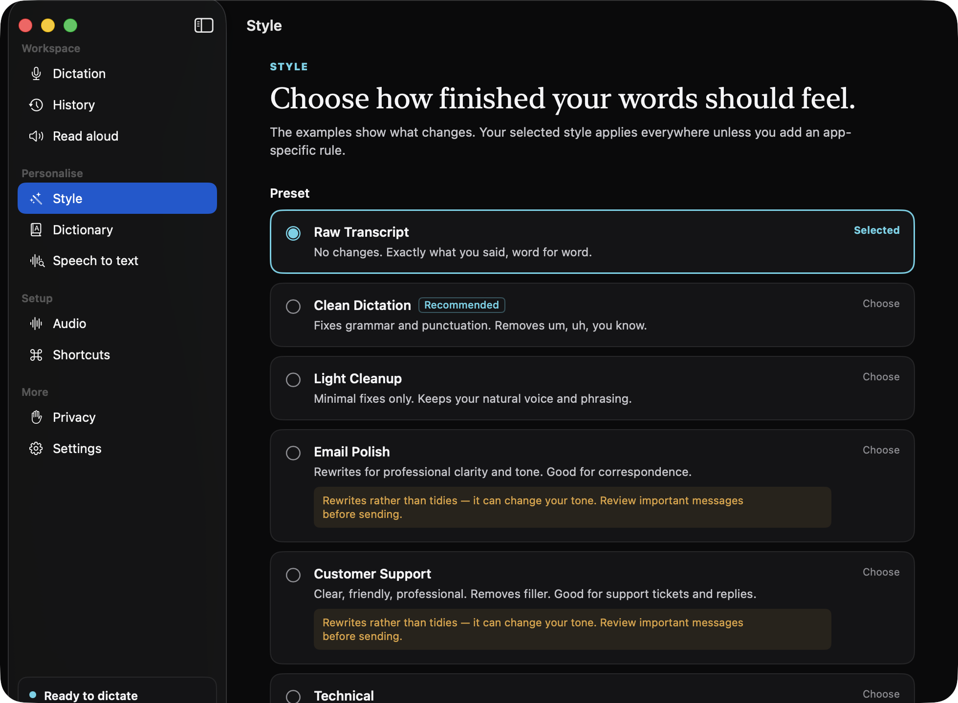Zansay's Style screen: presets for Raw Transcript, Clean Dictation (recommended), Light Cleanup, Email Polish and Customer Support, each with an honest description of what it changes.